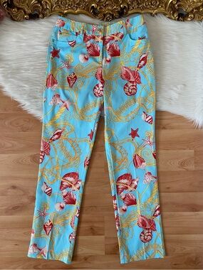 J McLaughlin  Aqua Sea Sunflower Dixie Print Cotton Poplin Pant